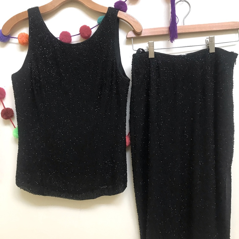Vintage Bieef Basix Black beaded sleeveless top w matching skirt w slit